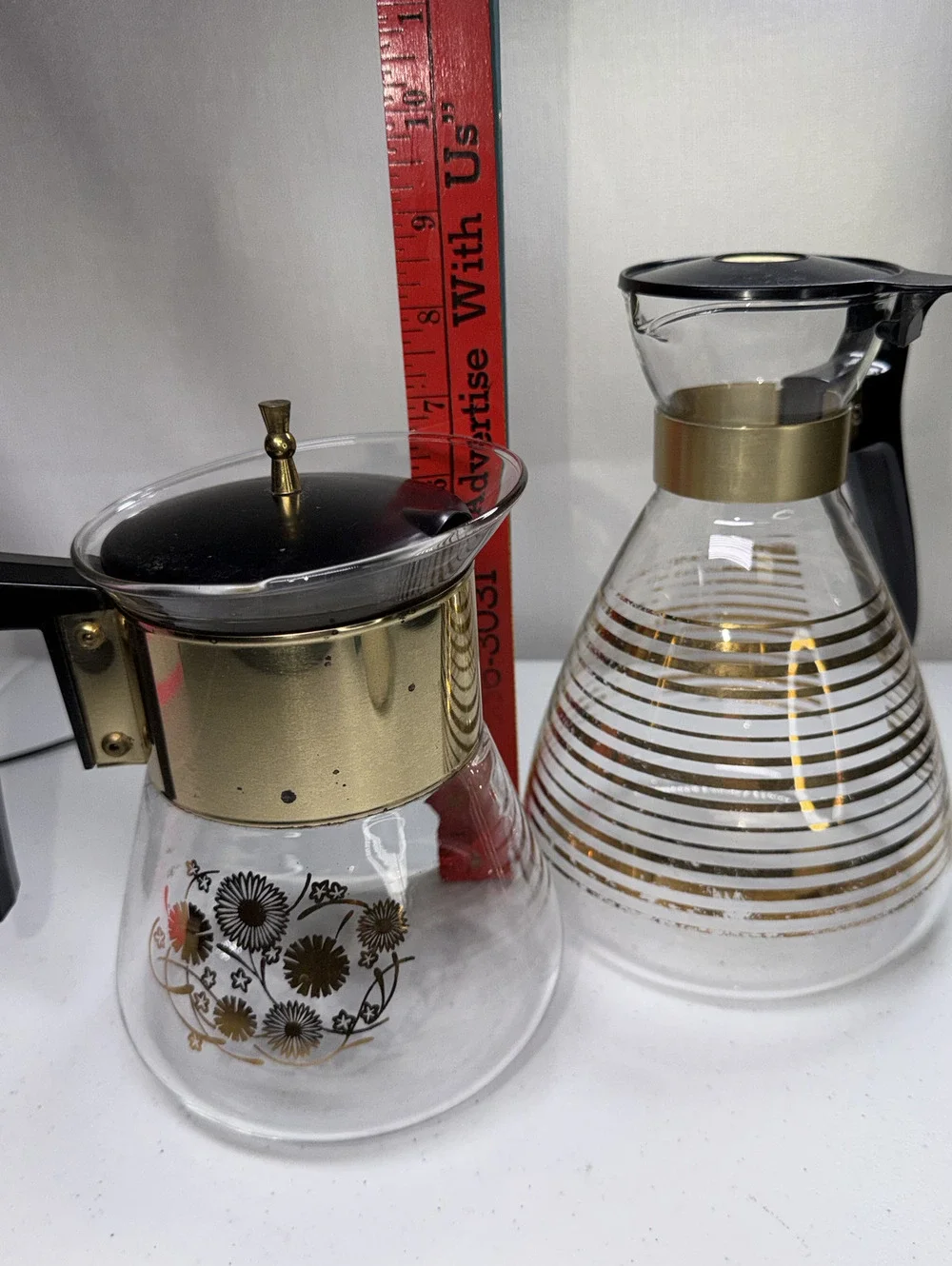 2 1960's Vintage Pyrex Coffee Carafe & Flameware Coffee Pot Lot Gold Mid Century